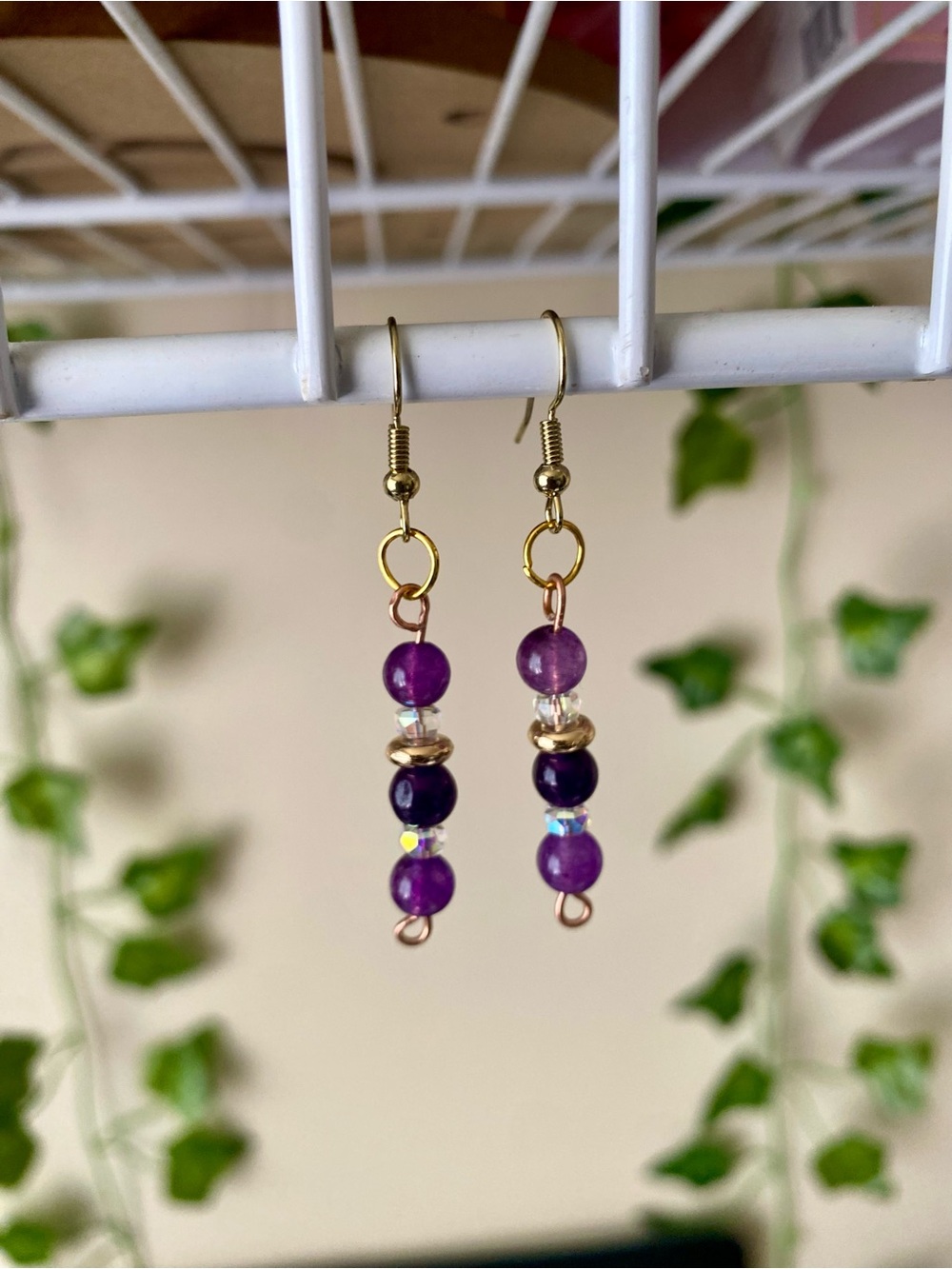 Handmade Purple Bead Dangle Earrings - Gold Tone